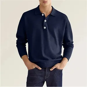Men's navy blue long-sleeved polo shirt with button placket for autumn casual wear