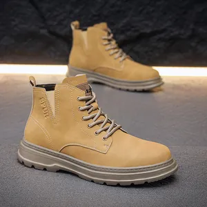 Detailed side view of vintage tan high-top Martin boots with thick rubber soles