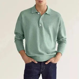 Close-up of a men's long-sleeve casual sage green polo shirt with button detail