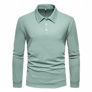 Detailed front view of a sage green long sleeve polo shirt featuring white buttons