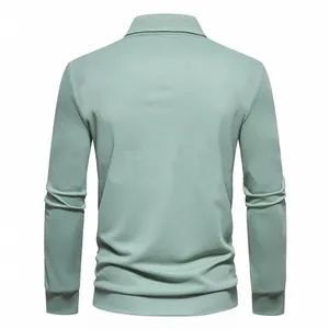 Back view of mint green long sleeve men's polo shirt featuring a ribbed knit collar detail