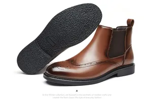 Bottines Chelsea en cuir marron pour hommes avec détails richelieu et semelle antidérapante
