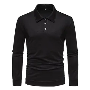Front view detail showing a men's casual black long-sleeved polo shirt with buttons