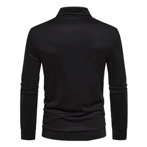 Detail view of the back of a slim-fit black long-sleeved casual polo shirt for men