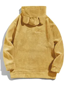 Detailed back view of plush yellow coral fleece hooded jacket with cute animal ears