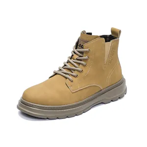 Vintage mustard yellow high-top men's Martin work boots with thick durable rubber sole