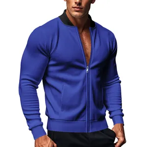 Giacca da uomo blu con colletto alla coreana, vestibilità atletica e zip intera