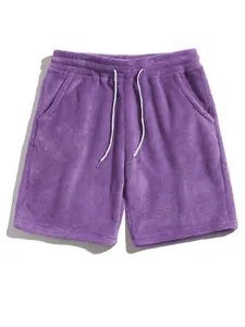 Close-up of men's purple coral fleece lounge shorts with adjustable drawstring waist