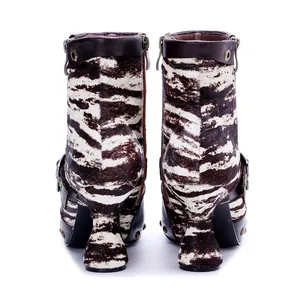 Rear view of stylish zebra print leather boots featuring metallic studs and buckle details