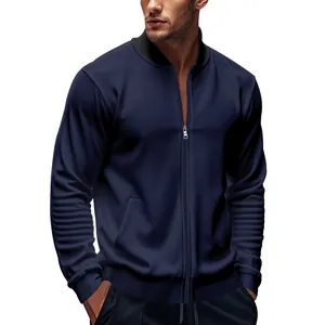Vista dettagliata della giacca bomber blu navy da uomo con colletto alla coreana
