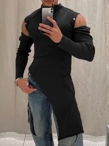 Maglietta Slim Fit Uomo a Collo Alto con Orlo Asimmetrico Bottone sulla Spalla Top a Maniche Lunghe in Maglia a Costine di Poliestere Design Gothic Punk
