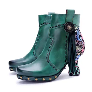 Hand-Burnished Sheepskin Women Ankle Boots Bohemian Floral Leopard Print Splicing Tassels Rivets Wine Glass Heel Retro Boots