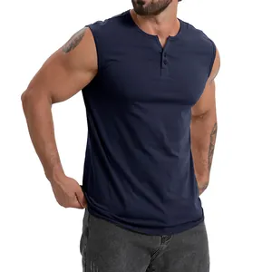 Débardeur Henley Homme 100 Pour Cent Coton Sans Manches Haut de Sport Musculation Décontracté Épaules Larges Sportif