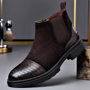 Elegant brown suede Chelsea boots with embossed leather toe and thick sole for men