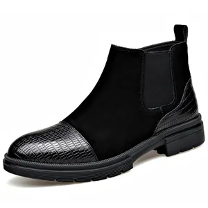 Black British style men's Chelsea boots with suede and crocodile pattern leather