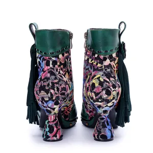Rear detail of colorful floral print leather boots with side tassels and block heel