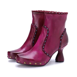Women Vintage Sheepskin Ankle Boots Hand-Rubbed Distressed Magenta Dress Boots With Rivets Side Zipper Wine Glass Heel High Fashion Footwear