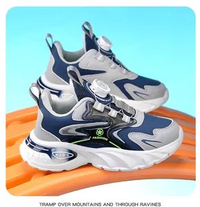Zapatillas de correr ligeras para niños con hebilla giratoria en azul y gris