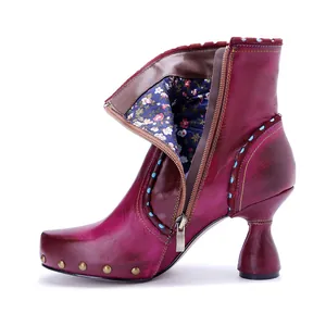 Handmade wine red leather ankle boot detail with vintage floral lining and unique shaped heel
