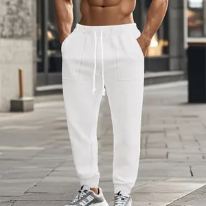 Men's white knitted jacquard joggers with drawstring and pockets casual athletic pants
