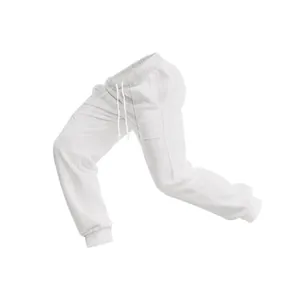 Close-up of white knitted texture on men's drawstring joggers with elastic cuffs