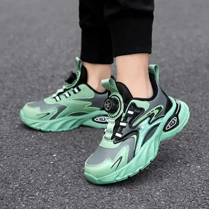 Zapatillas de running para niños en cuero verde y gris con práctico sistema de cierre