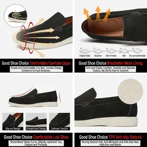 Men's suede leather slip-on loafers showing breathable lining and TPR anti-slip sole