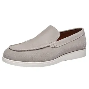 Classic light grey suede slip-on loafers for men with durable white comfort rubber sole