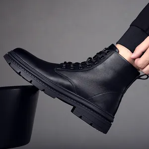 Bottes Martin en Cuir de Vache pour Hommes Doublées de Polaire Chaudes Bottes de Travail d'Hiver High Top Lacées Fermeture Éclair Latérale Semelle en Caoutchouc