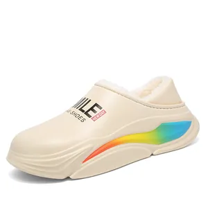 Winter Warm Plush Slippers Waterproof EVA Outdoor Leisure Shoes For Unisex Rainbow Stripe Detail Lightweight Cotton Shoes