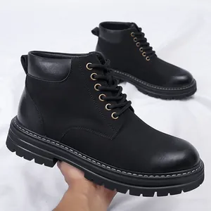 Heren Martin Boots Retro Britse Stijl Dikke Zool Fleece Gevoerd Winter Werkschoenen Vetersluiting Casual Antislip Enkellaarzen