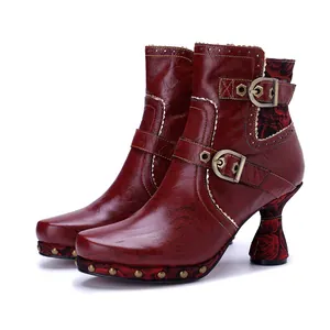 Handmade Sheepskin Leather Ankle Boots For Women Retro Ethnic Style Wine Red Buckle Side Zipper Fashion Heel Boots