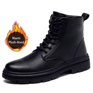 Bottines Martin pour homme en cuir véritable noir avec doublure polaire chaude style