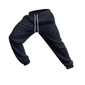 Detailed view of men's navy cable knit textured joggers with white drawstring