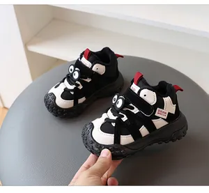 Detailed macro view of cute cartoon children's winter sneakers with warm fleece lining