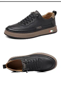 Detalle de las zapatillas de cuero negro para hombre con suelas de goma marrón