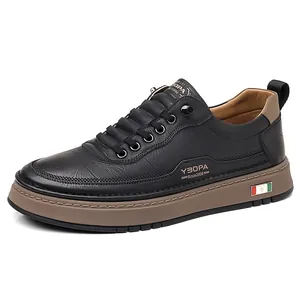 Zapatillas casuales de cuero negro para hombre con suela blanda y transpirable