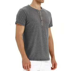 Detailed side profile of a men's classic grey short sleeve Henley T-shirt with buttons