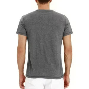 Detailed back view of a men's slim fit crew neck T-shirt in dark heather grey.