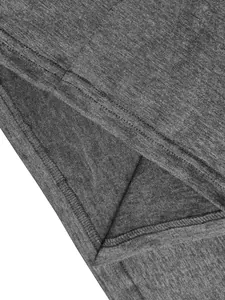 Close-up of grey heather knit fabric and durable stitching on a men's Henley shirt