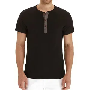 Detailed view of men's black slim fit Henley shirt featuring a grey button placket design