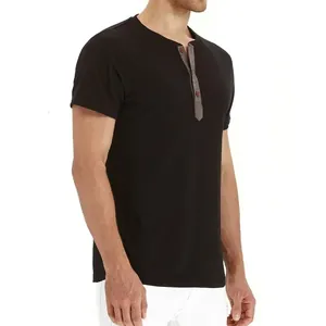 Side view of a slim fit black Henley T-shirt for men with grey button placket