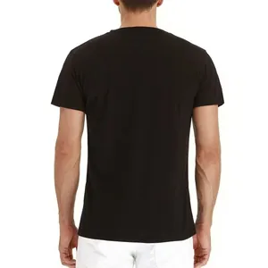 Back view of a classic black slim-fit crew neck short sleeve T-shirt for men, studio shot.
