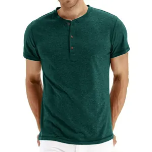 Detailed view of men's slim fit retro Henley t-shirt in forest green with button placket