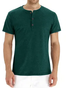 Detailed view of a classic dark green short-sleeved men's Henley shirt with buttons
