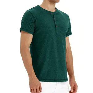 Close-up of men's slim fit dark green vintage Henley shirt with button placket