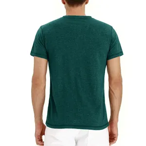 Back view of a men's slim fit heathered dark green short-sleeve T-shirt on white background.