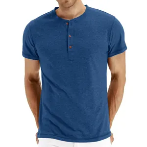 Close-up of a blue slim fit short sleeve Henley t-shirt for men with a three-button placket