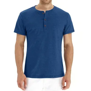 Front view of a slim fit men's vintage blue short sleeve Henley T-shirt with buttons.