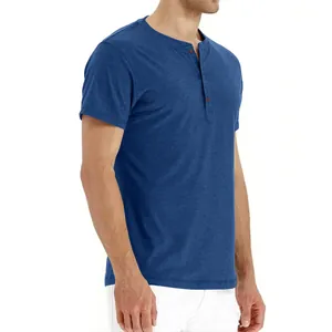 Side view of a blue slim-fit Henley t-shirt showing collar and button details